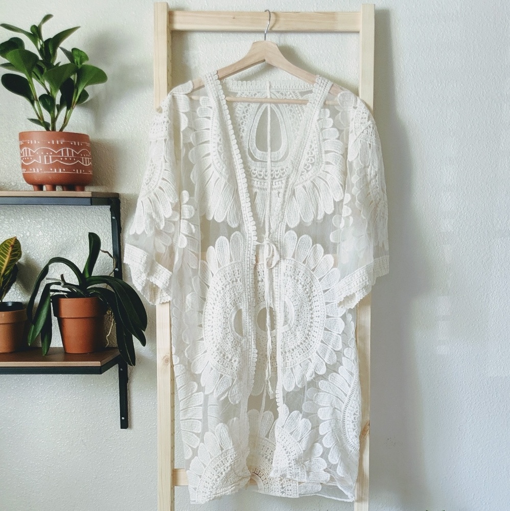 Cream Embroidered Floral Sheer Kimono